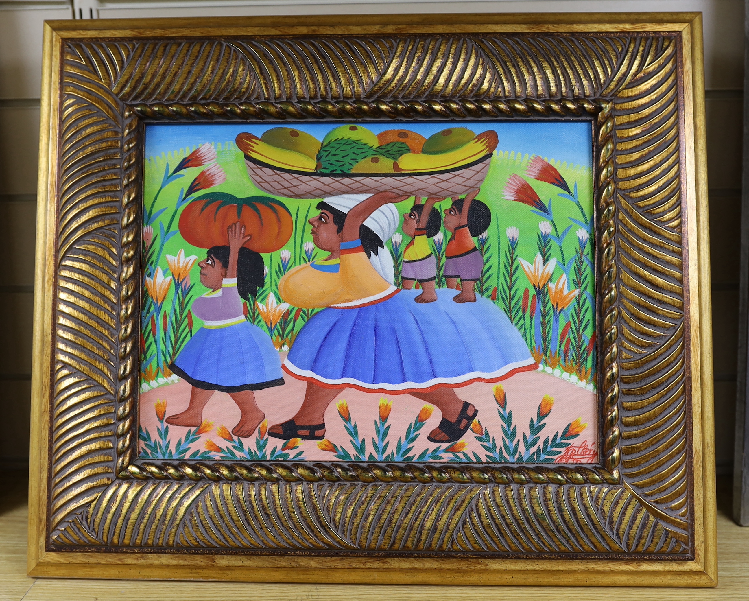 Jacques-Richard Chery (Haitian b.1928-), three oils on canvas, ’Three children carrying fruit’’, 30 x 27cms.; ‘’Lady carrying fruit’’, 38 x 20cm, and ‘’Ladies meeting’’, 43 x 33cm, each signed